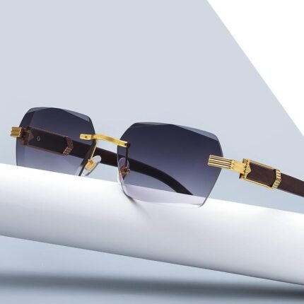 Square Frame Eyeglasses Uv400 Polygon Fashion Wood Grain Frameless Summer Blue Sunglasses